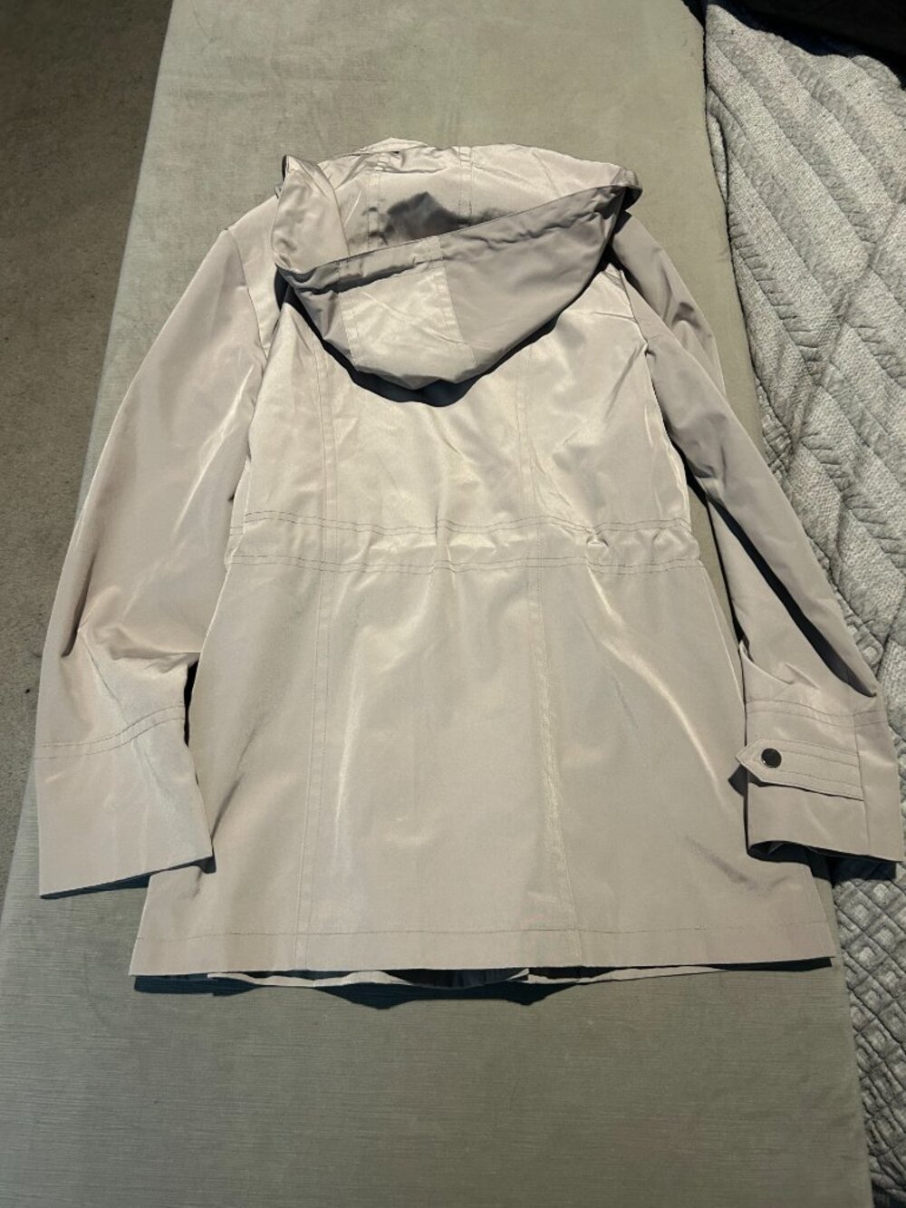 LONDON FOG Anorak Jacket Stone Gray Drawstring Hooded Fleece Trim Size S - Picture 2 of 3
